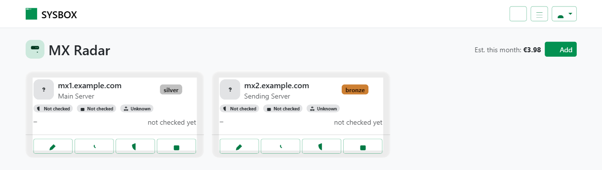 MX Radar dashboard showing two monitored mail servers with their tier and check status